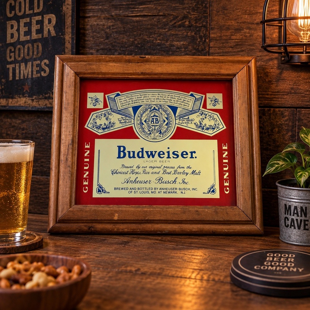 Vintage Budweiser Lager Beer Bar Mirror Wood Framed Anheuser Busch 12.5x10.5